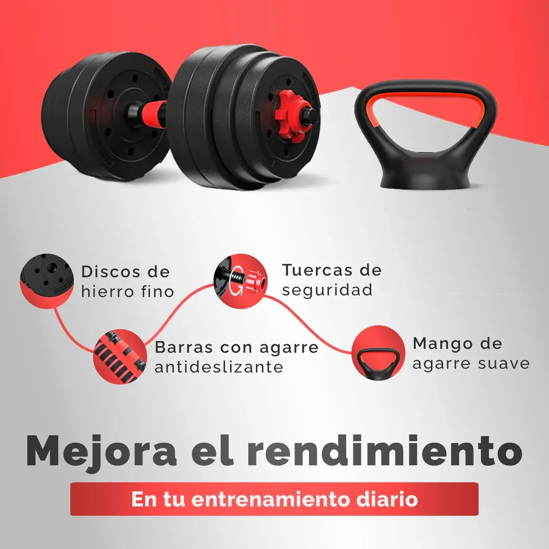 🔥 Kit Mancuernas 20 KG + ¡Barra Larga Extensora GRATIS!